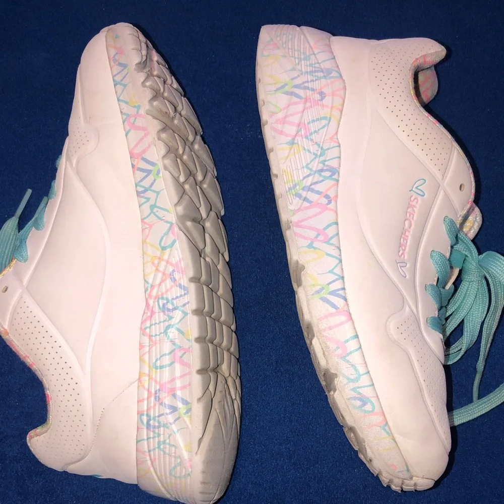 Skechers Kids White Sneakers with Aqua Laces and Pastel Accents